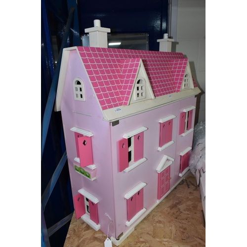 594 - A MODERN WOODEN DOLLS HOUSE, pink with white trim, front opening to reveal two rooms over two floors... 