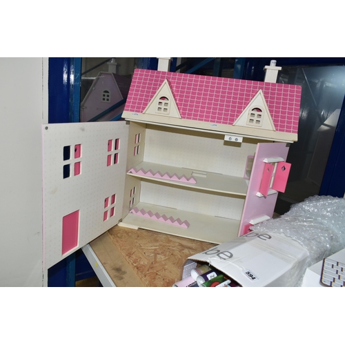 594 - A MODERN WOODEN DOLLS HOUSE, pink with white trim, front opening to reveal two rooms over two floors... 