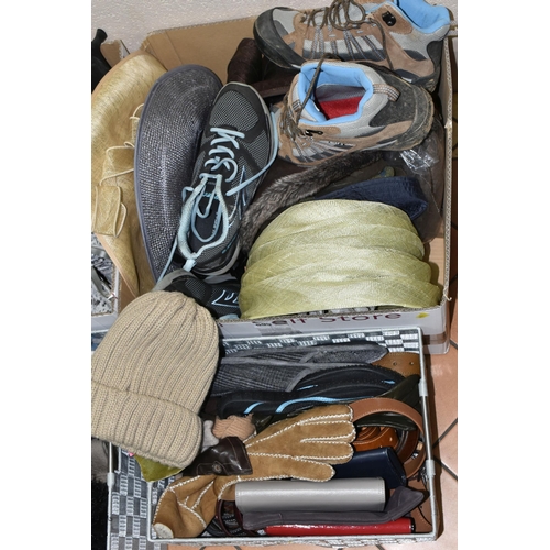 599 - FIVE BOXES OF LADIES' SHOES, HATS AND ACCESSORIES, to include a quantity of shoes and boots, size UK... 