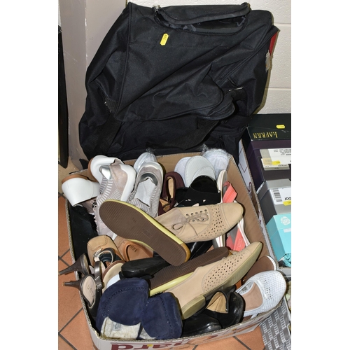 599 - FIVE BOXES OF LADIES' SHOES, HATS AND ACCESSORIES, to include a quantity of shoes and boots, size UK... 