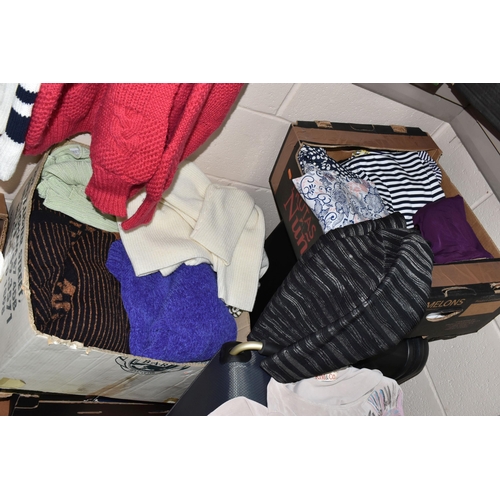 601 - ELEVEN BOXES AND TWO SUITCASES OF LADIES' CLOTHING, to include dresses, skirts, sweaters, trousers, ... 