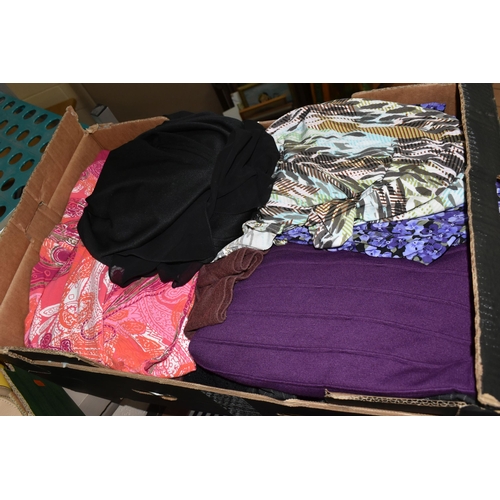 601 - ELEVEN BOXES AND TWO SUITCASES OF LADIES' CLOTHING, to include dresses, skirts, sweaters, trousers, ... 