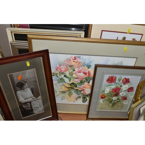 603 - A QUANTITY OF PICTURES AND PRINTS ETC, to include a Marjorie Bishop watercolour study of  roses, app... 