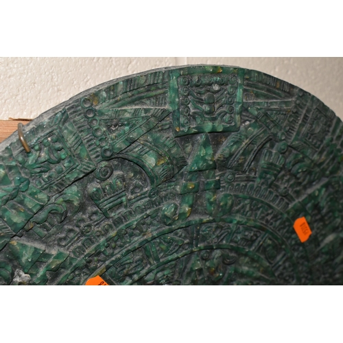 607 - A COLLECTION OF PICTURES AND PRINTS ETC, to include a composite Aztec Mayan calendar approximate dia... 