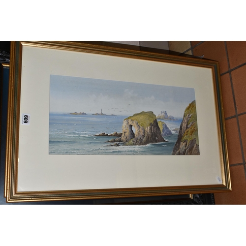 609 - A SELECTION OF PAINTINGS AND PRINTS ETC, comprising two indistinctly signed early 20th century water... 