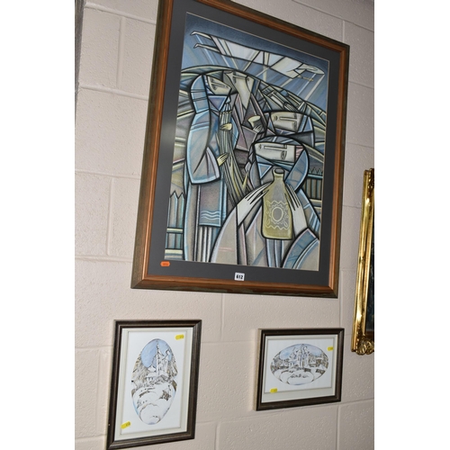 612 - A. PUSHKAREV (CONTEMPORARY) A CUBIST DEPICTION OF RELIGIOUS FIGURES, a figure holding a cross stands... 