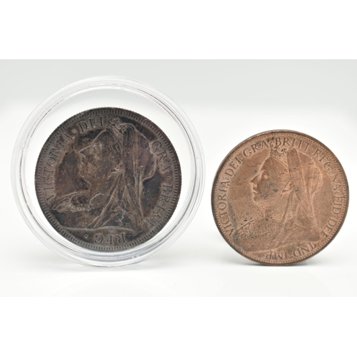 146 - A 1900 QUEEN VICTORIA BU HALFCROWN, with pleasing toning, together with an 1899 Penny coin with Full... 