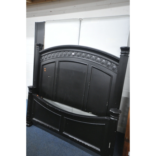 1200 - AN LARGE EBONISED 5FT BEDSTEAD, with side rails and slats, and bedstead mattress bed bases (conditio... 