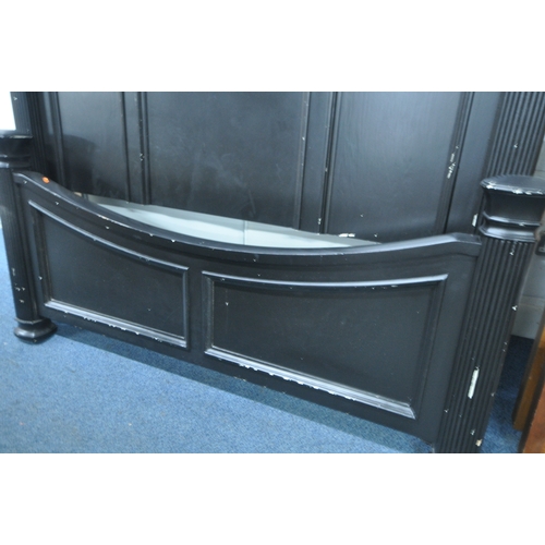 1200 - AN LARGE EBONISED 5FT BEDSTEAD, with side rails and slats, and bedstead mattress bed bases (conditio... 