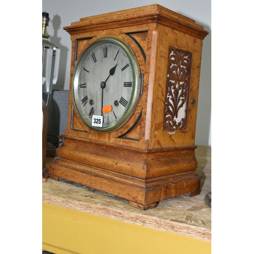 325 - A WOODEN CASED BRACKET CLOCK AND MANTEL CLOCK, the bracket clock with fretwork panels, the silvered ... 