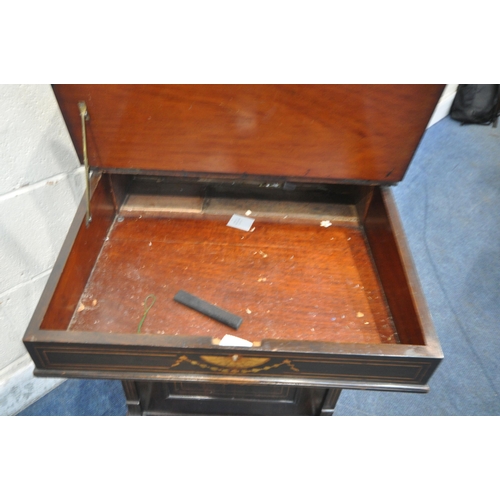 1205 - AN EDWARDIAN MAHOGANY DAVENPORT, with a raised back that's fitted with two drawers, above a hinged l... 