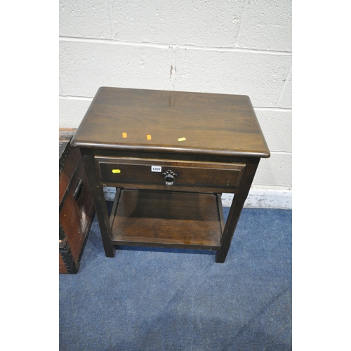 1207 - A 20TH CENTURY OAK LAMP TABLE, with a single frieze drawer, raised on chamfered legs, united by an u... 