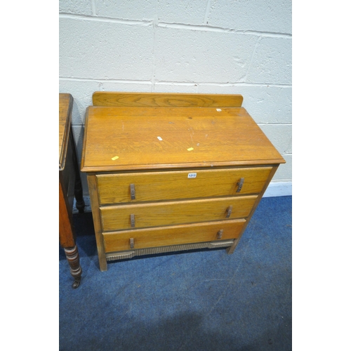 1213 - A 20TH CENTURY OAK CHEST OF THREE LONG DRAWERS, width 78cm x depth 45cm x height 80cm, along with an... 