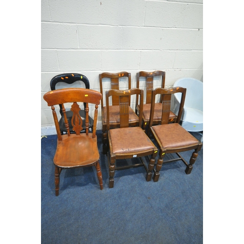 1223 - A SET OF FOUR 20TH CENTURY OAK DINING CHAIRS, three other chairs, a green painted ottoman, a green p... 