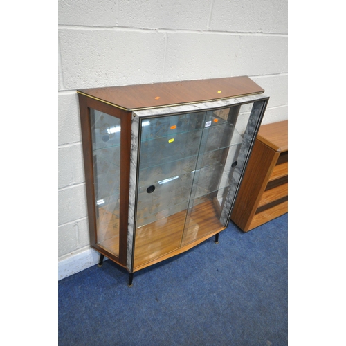 1224 - A MID TO LATE 20TH CENTURY TEAK AND MARBLE EFFECT DISPLAY CABINET, the double glazed sliding doors, ... 