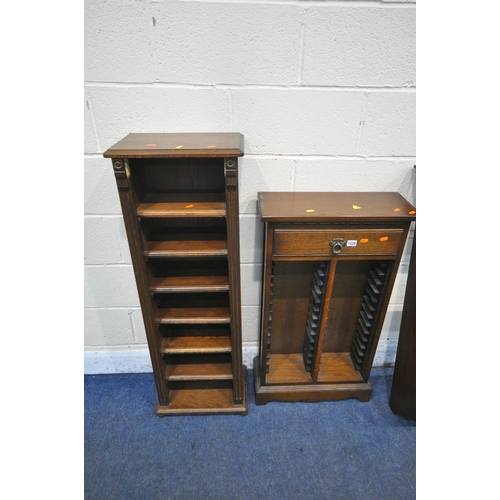 1228 - A SELECTION OF LATE 20TH CENTURY OAK OCCASIONAL FURNITURE, INCLUDING two cd racks, a wall hanging sh... 