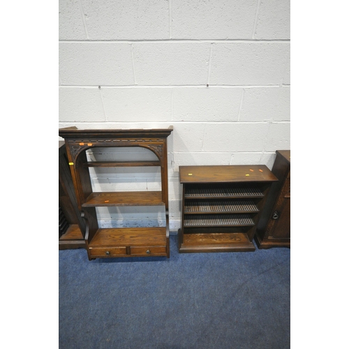 1228 - A SELECTION OF LATE 20TH CENTURY OAK OCCASIONAL FURNITURE, INCLUDING two cd racks, a wall hanging sh... 