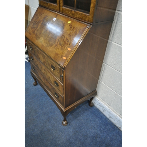 1239 - A 20TH CENTURY WALNUT BUREAU BOOKCASE, the top with double glazed doors, enclosing three shelves, at... 