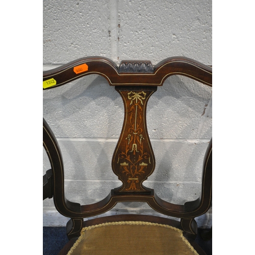 1242 - AN EDWARDIAN MAHOGANY AND INLAID CHAIR, with splat back, open armrests, on front cabriole legs, two ... 