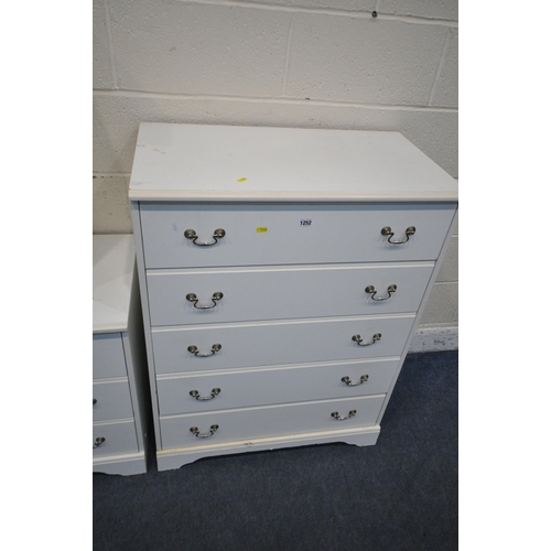 1252 - A MODERN WHITE CHEST OF FIVE DRAWERS, width 76cm x depth 43cm x height 101cm, a matching three drawe... 