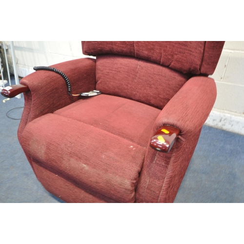 1266 - A HSL RED UPHOLSTERED RISE AND RECLINE ARMCHAIR, along with a red armchair (condition report: PAT fa... 