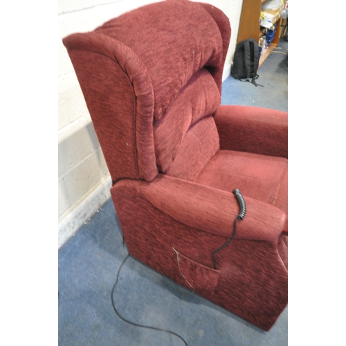 1266 - A HSL RED UPHOLSTERED RISE AND RECLINE ARMCHAIR, along with a red armchair (condition report: PAT fa... 