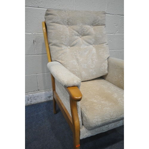 1267 - A CREAM UPHOLSTERED ARMCHAIR, with a beech frame (condition report: ideal for a clean, general signs... 