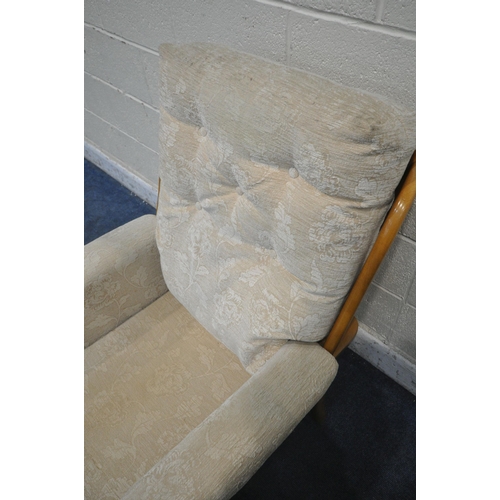 1267 - A CREAM UPHOLSTERED ARMCHAIR, with a beech frame (condition report: ideal for a clean, general signs... 