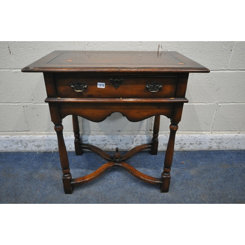 1275 - A REPRODUCTION THEODORE ALEXANDER MAHOGANY SIDE TABLE / LOWBOY, with a single drawer, wavy apron, tu... 