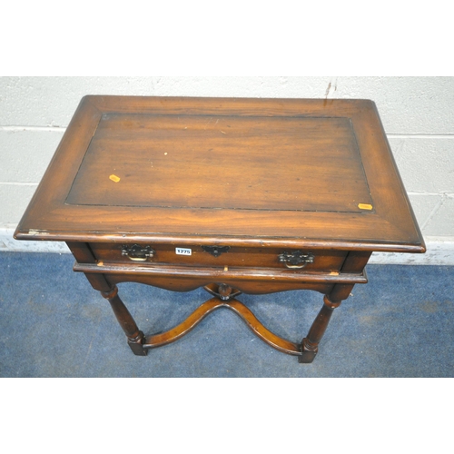 1275 - A REPRODUCTION THEODORE ALEXANDER MAHOGANY SIDE TABLE / LOWBOY, with a single drawer, wavy apron, tu... 