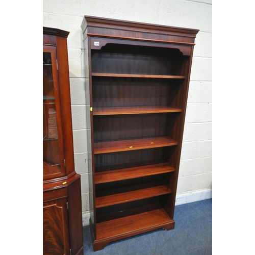 1276 - A MAHOGANY OPEN BOOKCASE, with five shelves, width 86cm x depth 31cm x height 191cm, a Beresford and... 