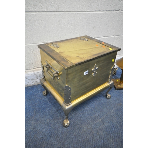 1284 - A GEORGIAN STYLE BRASS COAL BOX, on padded feet, width 46cm x depth 37cm x height 45cm, and a column... 