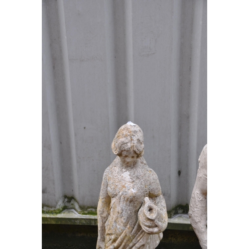 1008 - TWO MODERN COMPOSITE GARDEN FIGURES in the form of a Roman male and a Roman female water carrier res... 