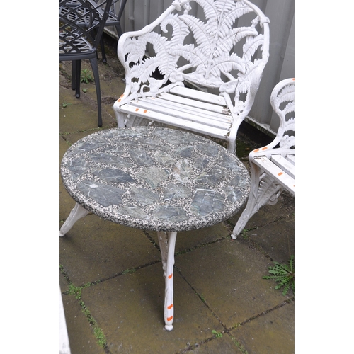 1011 - A LATE 20TH CENTURY CAST ALUMINIUM GARDEN SET comprising of a three seat bench and two matching chai... 