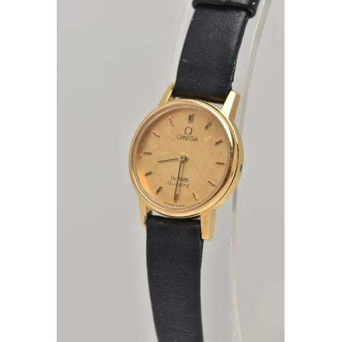 10 - A LADIES 'OMEGA' WRISTWATCH, quartz movement, round gold dial signed 'Omega De Ville, Quartz', baton... 