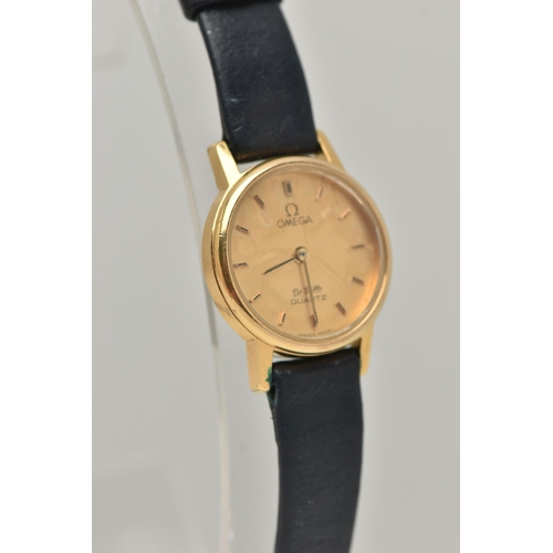 10 - A LADIES 'OMEGA' WRISTWATCH, quartz movement, round gold dial signed 'Omega De Ville, Quartz', baton... 