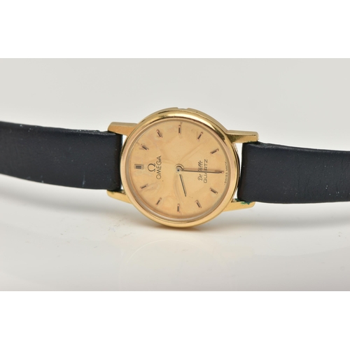 10 - A LADIES 'OMEGA' WRISTWATCH, quartz movement, round gold dial signed 'Omega De Ville, Quartz', baton... 