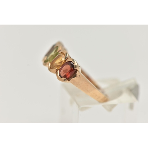 25 - A 9CT GOLD MULTI GEM SET RING, designed as a row of five oval cut stones to include garnet, citrine,... 