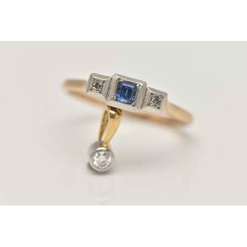 26 - A YELLOW METAL SAPPHIRE AND DIAMOND RING, AND A DIAMOND PENDANT, the three stone ring, set with a ce... 