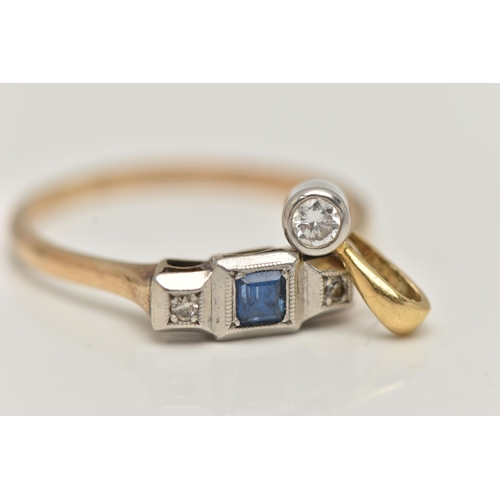 26 - A YELLOW METAL SAPPHIRE AND DIAMOND RING, AND A DIAMOND PENDANT, the three stone ring, set with a ce... 