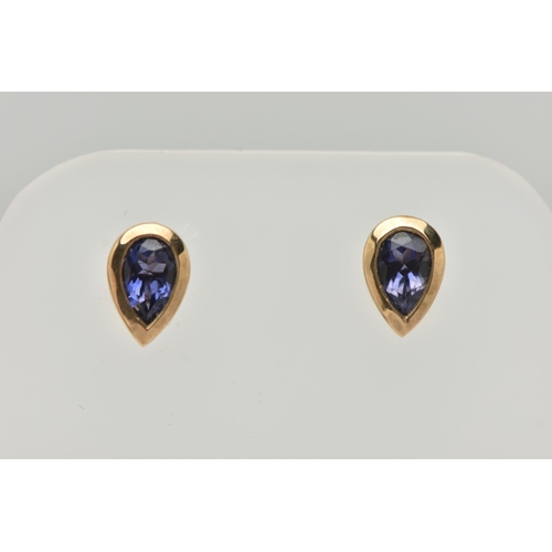 31 - A MODERN 9CT YELLOW GOLD IOLITE EARRRING, NECKLACE AND RING SET, the necklace set with a pear-cut io... 