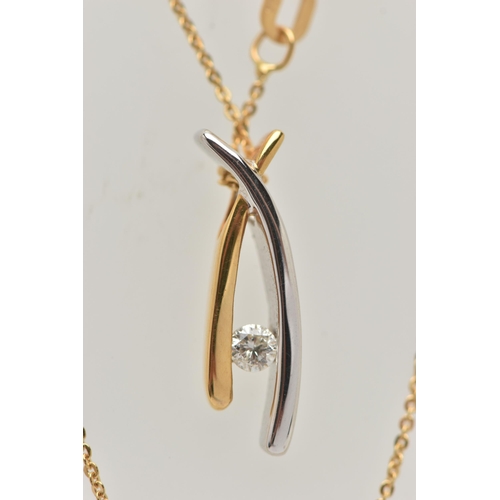 33 - A MODERN 18CT YELLOW AND WHITE GOLD DIAMOND PENDANT WITH CHAIN, the plain polished pendant of cross ... 