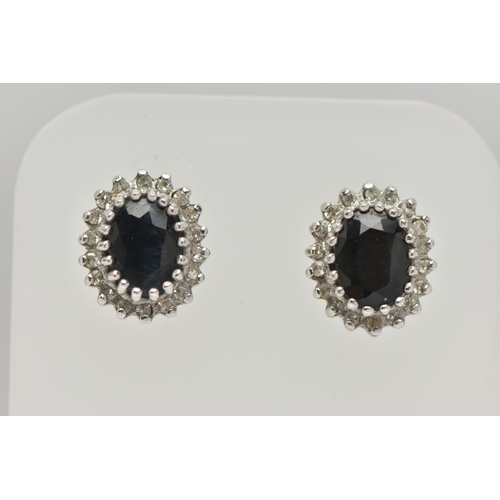 35 - A PAIR OF 9CT YELLOW GOLD SAPPHIRE AND DIAMOND EARRINGS, TOGETHER WITH SIMILARLY DESIGNED RING, each... 