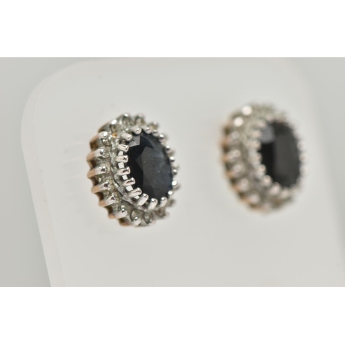 35 - A PAIR OF 9CT YELLOW GOLD SAPPHIRE AND DIAMOND EARRINGS, TOGETHER WITH SIMILARLY DESIGNED RING, each... 