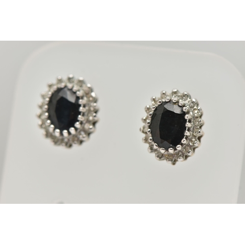 35 - A PAIR OF 9CT YELLOW GOLD SAPPHIRE AND DIAMOND EARRINGS, TOGETHER WITH SIMILARLY DESIGNED RING, each... 