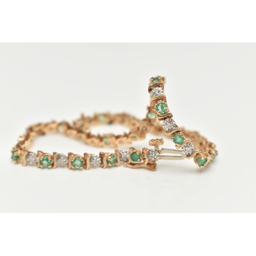 37 - A 9CT GOLD EMERALD AND DIAMOND BRACELET, designed as a series of approximately twenty four emeralds,... 