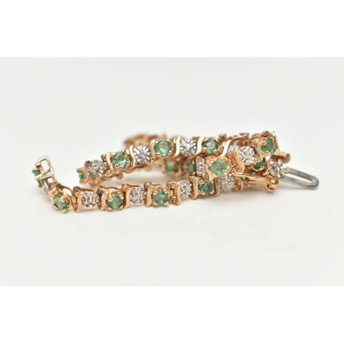 37 - A 9CT GOLD EMERALD AND DIAMOND BRACELET, designed as a series of approximately twenty four emeralds,... 