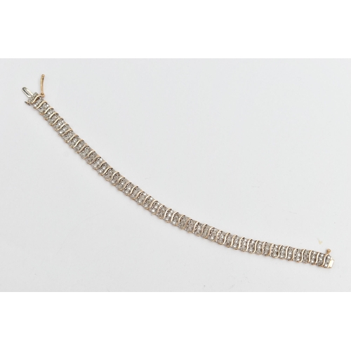 38 - A 9CT GOLD DIAMOND BRACELET, designed as a series of single-cut diamonds, interspaced by plain polis... 