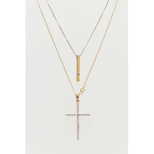 39 - TWO MODERN DIAMOND PENDANTS WITH TWO CHAINS, to include a diamond set cross pendant set throughout w... 