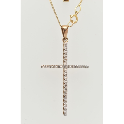 39 - TWO MODERN DIAMOND PENDANTS WITH TWO CHAINS, to include a diamond set cross pendant set throughout w... 